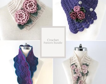 Crochet Pattern Collection #12 Flowers and Leaves Scarves, includes 4 beautiful crochet scarf patterns, floral scarf, crochet scarf pattern,