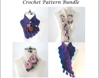 Può includere: Pacchetto di modelli all'uncinetto con quattro diversi modelli di scaldacollo all'uncinetto. I modelli includono uno scaldacollo viola con un abbellimento floreale, uno scaldacollo bianco con un abbellimento floreale, uno scaldacollo bianco con un abbellimento floreale e uno scaldacollo viola e blu con un motivo a onde.