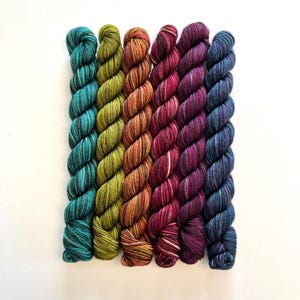 Yarn, mini yarn skeins, Rainbow colored yarn, multi colour yarn, Sock Yarn, Hexa Hue mini skeins, fingering weight yarn, mini skeins,