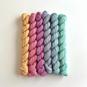Yarn, multi colored mini yarn skeins, pastel colored yarn, sock weight Yarn, Hexa Hue mini skeins, fingering weight yarn, mini skeins,
