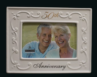 Ceramic Anniversary Picture Frame Gold Accents 4x6