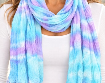 Crinkle blue and purple cotton scarf with fringe