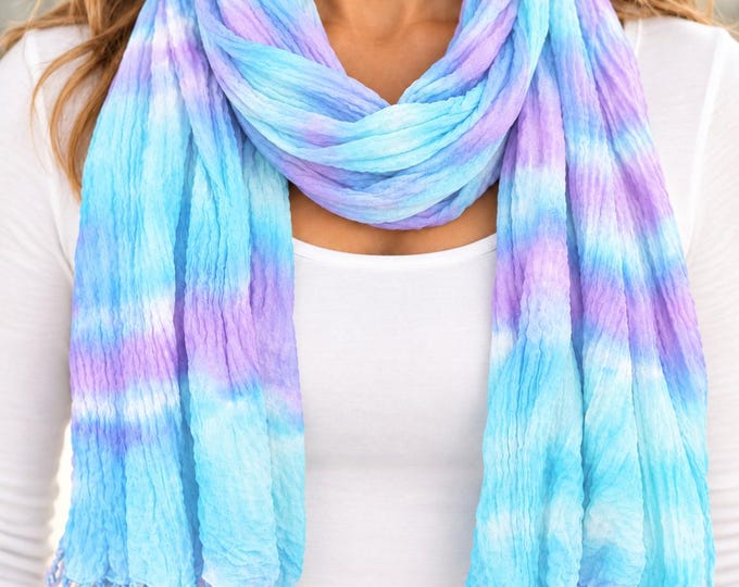 Featured listing image: Crinkle blue and purple cotton scarf with fringe
