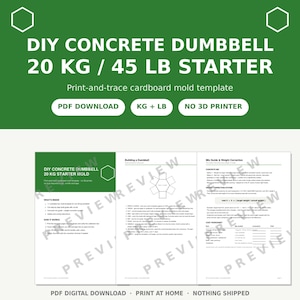 Può includere: Un download digitale in PDF per uno stampo per manubri in cemento da 20 kg / 45 lb. Il documento include un modello di stampo in cartone da stampare e ricalcare, istruzioni di costruzione, una guida alla miscelazione e un sistema di correzione.