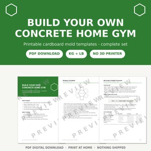Può includere: Un documento digitale intitolato Build Your Own Concrete Home Gym, contenente modelli di stampi in cartone stampabili. Le pagine includono istruzioni, un diagramma per manubri, una guida alla miscelazione e un foglio di calcolo del peso.