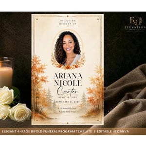 Bifold Funeral Program Canva Template, Autumn Trees, Elegant Editable Obituary Template, Celebration of Life, Digital Download