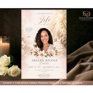 May include: A funeral programme template featuring a portrait of a smiling person, floral accents, and the text A Celebration of Life, Ariana Nicole Carter, April 18, 1993 - September 21, 2025, Saturday, October 4, 2025, 11:00 AM, Community Church.