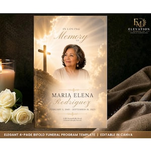 Puede incluir: Una plantilla de programa funerario con el retrato de una mujer, una silueta de cruz contra un cielo soleado y el texto IN LOVING MEMORY OF MARIA ELENA RODRIGUEZ, FEBRUARY 3, 1949 - SEPTEMBER 18, 2025, A life beautifully lived, A heart deeply loved.