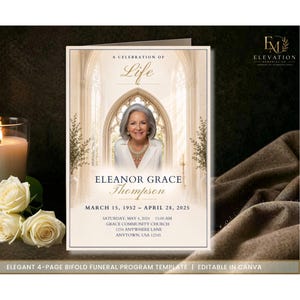 May include: A four-page bifold funeral program template featuring a portrait of a woman, the text A CELEBRATION OF LIFE, ELEANOR GRACE THOMPSON, dates, and service details. The design includes a cream-colored background with an arched window motif.