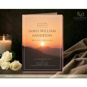 Bifold Funeral Program Canva Template, Mountain Sunset Design, Elegant Editable Memorial Program, Celebration of Life, Printable Obituary
