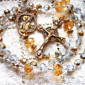 St Patrick Rosary: Czech Crystal, Celtic Cross, Antique Gold Pewter