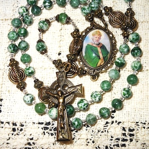 St. Patrick Rosary: Moss Agate Beads, Bronze Celtic Cross