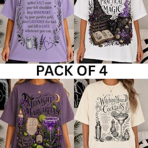 May include: A pack of four short-sleeve t-shirts in lavender, white, dark purple, and cream. Each shirt features a unique graphic print with text including Always throw spilled SALT, Practical Magic, Midnight Margaritas, and Witching Hour Cocktails.