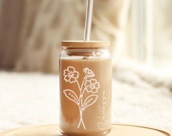 Custom Birth Flower Tumbler, Glass Straw, Personalized, Coffee Tumbler, Photo Prop, Gift for Her, Birthday Gift, Coffee Lover, Birth Month