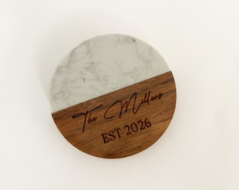 Custom Engraved Wooden Marble Coasters, Wedding Anniversary Couple Gift