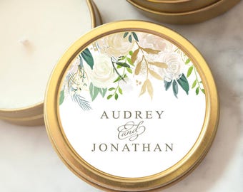 Wedding Favors, Gold Tin Custom Personalized Candles, Candle Wedding Favors, Mini Soy Candles, Shower, Party Favors, Botanical