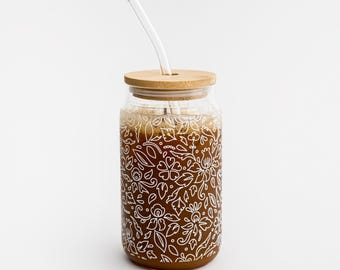Floral Print Glass Tumbler with Bamboo Lid & Glass Straw