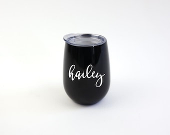 Personalized Stemless Travel Wine Tumbler, Bridesmaid Gift, Gift for Her, Bride Mug, Calligraphy Coffee Mugs, Wedding Gift, Engagement Gift