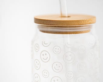 Smile Print Glass Tumbler with Bamboo Lid & Straw