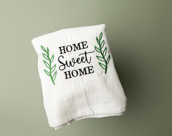 Embroidered Linen Tea Towel, Home Sweet Home Kitchen Decor, Housewarming Gift