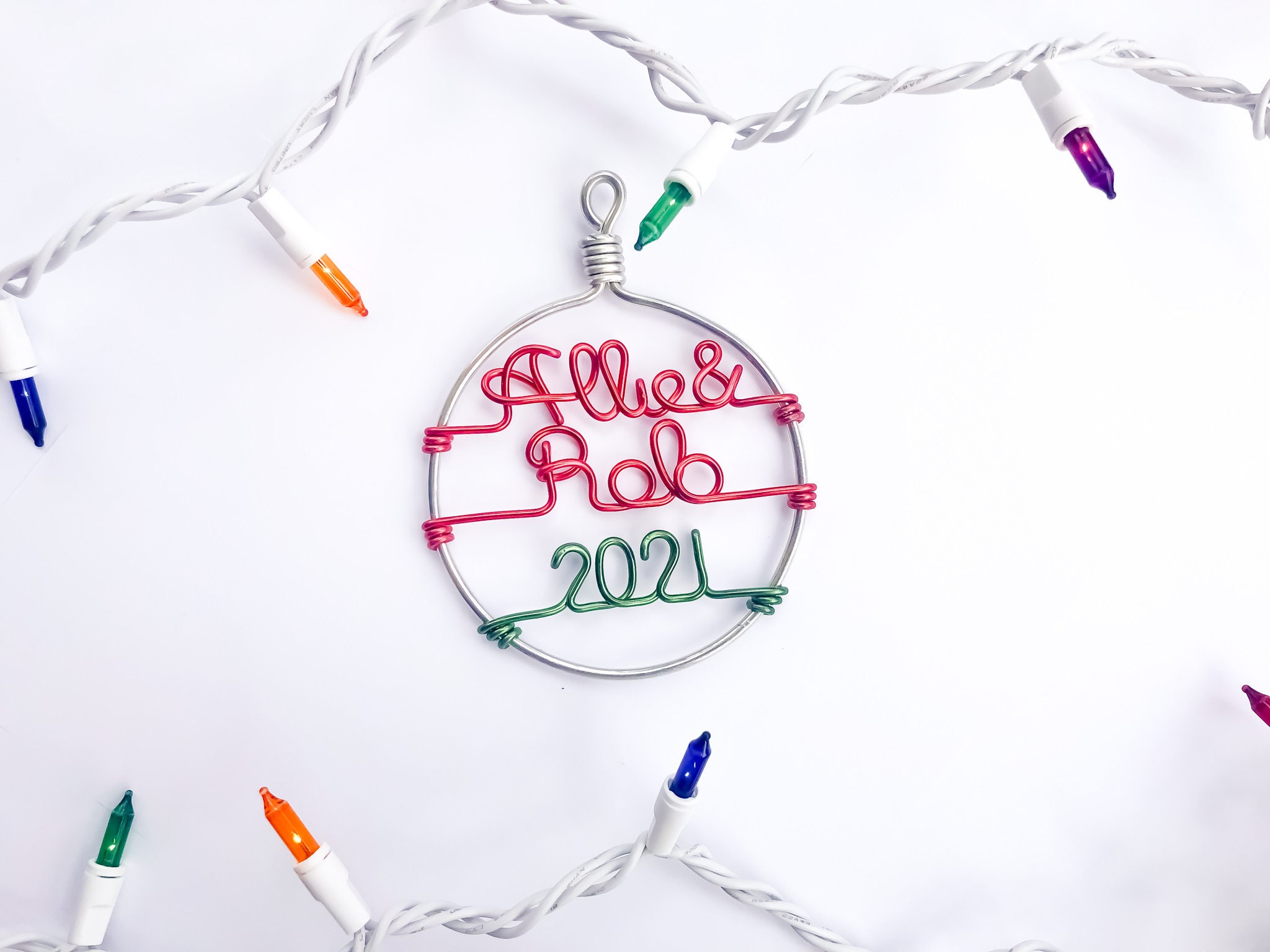 Personalized Couples Ornament - New Couple Gift, Newlywed, First House, Engagement,Handcrafted Wire Circle with Names and Year - Custom Gift