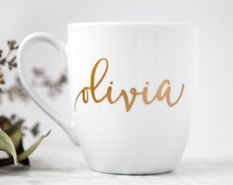 Gepersonaliseerde koffiemok, gouden kalligrafienaam, cadeau bruidsmeisje