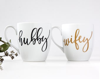 Hubby Wifey Mug Set: Gold Calligraphy, Couple Gift