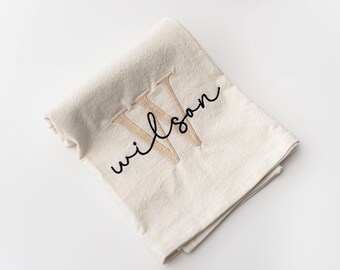 Custom Name Embroidered Linen Tea Towel, Hostess Gift
