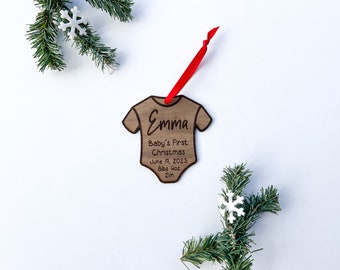 Onesie Engraved Wooden Ornament - Baby's First Christmas Ornament, New Baby Gift, Baby First, Handcrafted, Personalized Name Date, New Mom