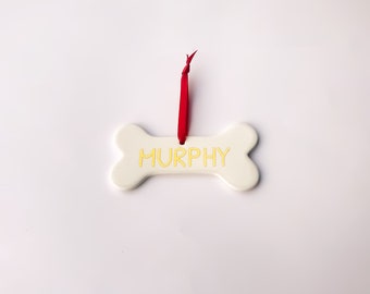 Personalized Pet Ornament - Unique Ceramic Dog Bone with Calligraphy Pet's Name - Dog Christmas Gift, Pet Gifts, Dog Lover Gifts, Under 20