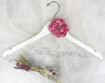 Personalized Bridal Hanger with Satin Flower, Wedding Dress hanger, Custom Hanger, Bride Hanger,Bridal Hanger, Bride Gift, Wedding Hanger