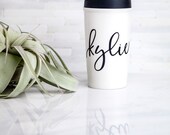 Personalized Travel Ceramic Coffee Mug, Gold Calligraphy Name Mug, To Go Mug, Bridesmaid Gifts, Gift for Her, Unique Cute Custom Coffee Mugs