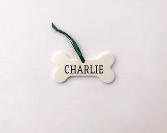 Personalized Pet Ornament - Unique Ceramic Dog Bone with Calligraphy Pet's Name - Dog Christmas Gift, Pet Gifts, Dog Lover Gifts, Under 20