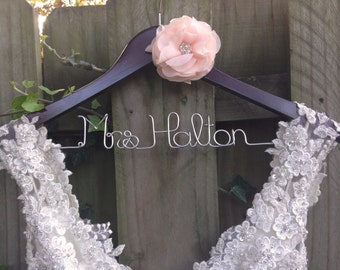 Wedding Dress Hanger with Chiffon Rhinestone Flower - Bride Hanger, Bridal Hanger, Personalized Hanger, Custom Bride Gift