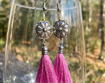 Bright Pink Floral Tassel earrings