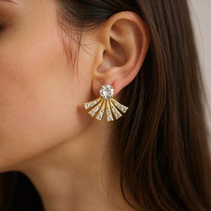 Orecchini a giacca dorati, orecchini a perno a ventaglio con zirconi, orecchini delicati fronte-retro, orecchini a giacca minimalisti e scintillanti, regalo per lei