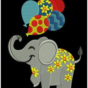 May include: An embroidered design of a gray elephant with a smiling expression, decorated with yellow flower patterns on its body. The elephant holds a cluster of five balloons in blue, yellow with red dots, blue with yellow flowers, red, and blue chevron.