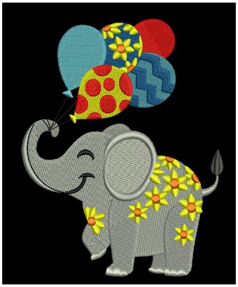 May include: An embroidered design of a gray elephant with a smiling expression, decorated with yellow flower patterns on its body. The elephant holds a cluster of five balloons in blue, yellow with red dots, blue with yellow flowers, red, and blue chevron.