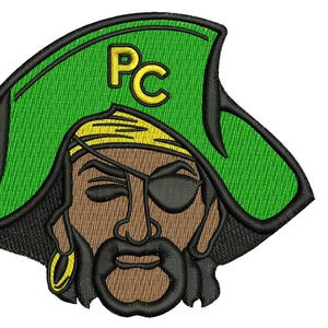 May include: An embroidered patch featuring a pirate character wearing a bright green tricorn hat with the yellow letters PC on the front. The pirate has brown skin, a black eye patch, a yellow bandana, a gold hoop earring, and a black beard.