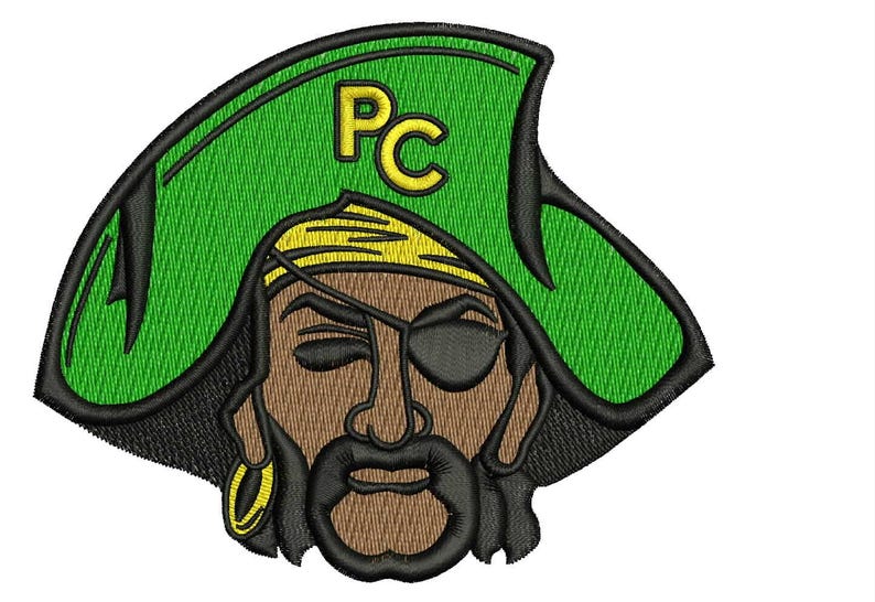 May include: An embroidered patch featuring a pirate character wearing a bright green tricorn hat with the yellow letters PC on the front. The pirate has brown skin, a black eye patch, a yellow bandana, a gold hoop earring, and a black beard.