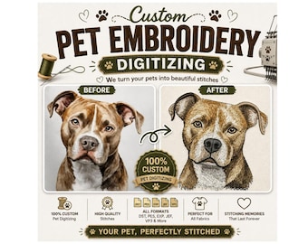 May include: A digital advertisement for custom pet embroidery digitizing services. It features a before-and-after comparison of a brown and white dog portrait, alongside text including 'Custom Pet Embroidery Digitizing' and 'Your Pet, Perfectly Stitched'.