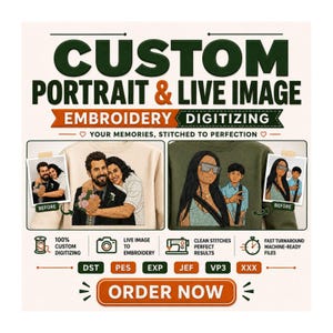 Pode incluir: Um anúncio digital para serviços de digitalização de bordados de retratos personalizados. Exibe dois exemplos de moletons bordados com casais, ao lado de ícones para digitalização, câmeras, máquinas de costura e formatos de arquivo como DST, PES, EXP, JEF, VP3 e XXX.
