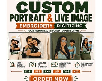 May include: A digital advertisement for custom portrait embroidery digitizing services. It displays two examples of embroidered sweatshirts featuring couples, alongside icons for digitizing, cameras, sewing machines, and file formats like DST, PES, EXP, JEF, VP3, and XXX.