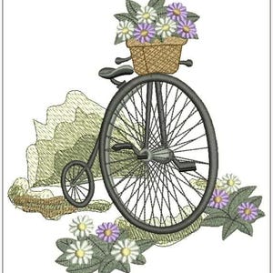 May include: An embroidery design featuring a vintage penny-farthing bicycle with a large front wheel and a small rear wheel. A woven basket filled with white and purple flowers sits on the handlebars, surrounded by additional floral clusters.