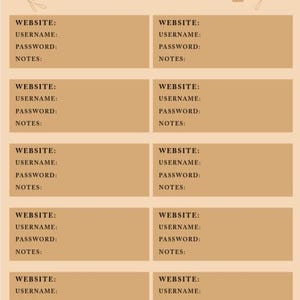 Könnte beinhalten: Ein beigefarbenes Passwort-Verwaltungsblatt mit dem Text PASSWORD KEEPER und einem Schloss-Symbol. Das Layout umfasst zehn rechteckige Felder in zwei Spalten, die jeweils Zeilen für Website, Benutzername, Passwort und Notizen in dunkelbrauner Schrift enthalten.