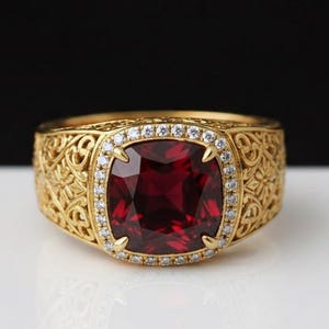 May include: A gold ring featuring a large, cushion-cut deep red gemstone at the centre, surrounded by a halo of small white stones. The wide gold band is decorated with intricate, raised filigree patterns that extend around the entire circumference.