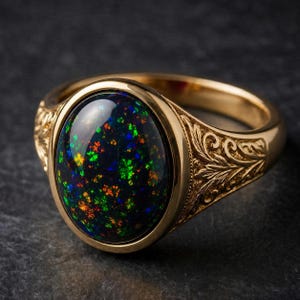 May include: A gold ring featuring a large, oval-shaped black opal cabochon with vibrant green, blue, and orange flashes of colour. The gold band is polished and decorated with intricate, engraved leaf-like scrollwork patterns along the sides.