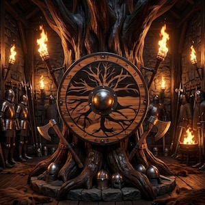 May include: A circular wooden shield featuring a black tree design and a central metal boss, mounted on a large tree trunk. The scene includes metal armour, helmets, two battle axes, and wall-mounted torches illuminating the stone room.