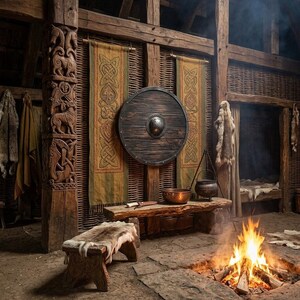 May include: A circular wooden shield with a central metal boss mounted on a woven wall between two vertical fabric banners featuring intricate knotwork patterns. A wooden bench sits below, holding a metal bowl and a tripod-mounted cooking pot.