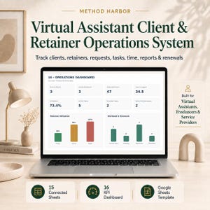 System für die Kunden- und Vertragsverwaltung virtueller Assistenten | Google Sheets CRM, Aufgaben, Zeiterfassung, Berichte, Vertragsverlängerungen